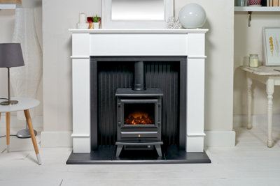 Adam Oxford Stove Fireplace in Pure White with Hudson Electric Stove in Black, 48 Inch