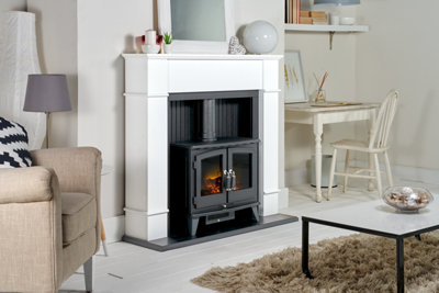 Adam Oxford Stove Fireplace in Pure White with Woodhouse Electric Stove in Black, 48 Inch