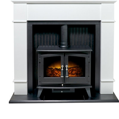 Adam Oxford Stove Fireplace in Pure White with Woodhouse Electric Stove in Black, 48 Inch