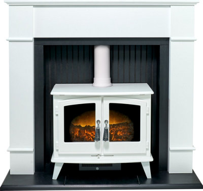 Adam Oxford Stove Fireplace in Pure White with Woodhouse White Electric Stove, 48 Inch