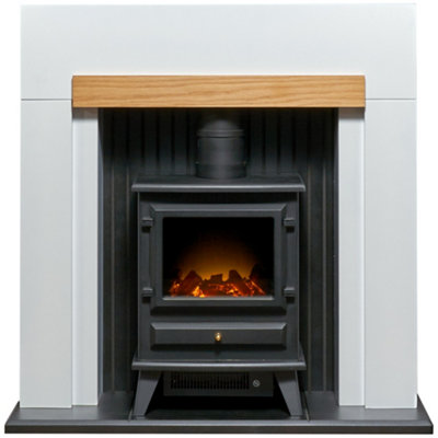 Adam Salzburg in Pure White & Oak with Hudson Electric Stove in Black, 39 Inch