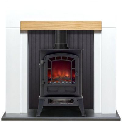 Adam Salzburg in Pure White & Oak with Sureflame Ripon Electric Stove in Black, 39 Inch