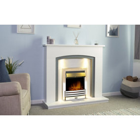 Adam Savanna Fireplace in Pure White & Grey with Downlights & Eclipse Electric Fire in Chrome, 48 Inch
