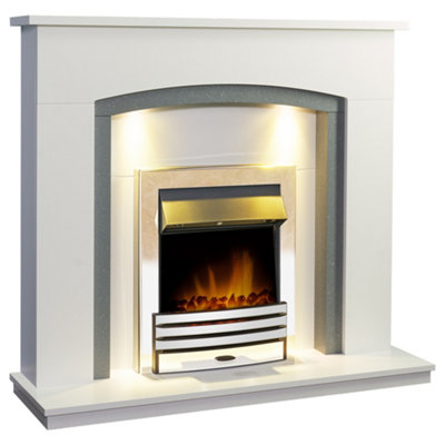 Adam Savanna Fireplace in Pure White & Grey with Downlights & Eclipse Electric Fire in Chrome, 48 Inch