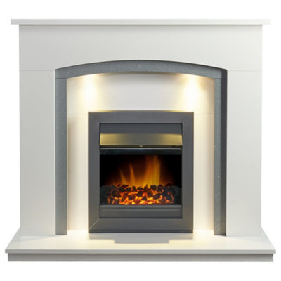 Adam Savanna Fireplace in Pure White & Grey with Downlights & Vancouver Electric Fire in Black, 48 Inch
