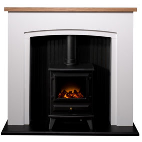 Adam Siena Stove Fireplace in Pure White with Hudson Electric Stove in Black, 48 Inch