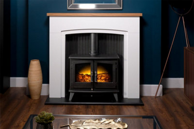 Adam Siena Stove Fireplace in Pure White with Woodhouse Electric Stove in Black, 48 Inch