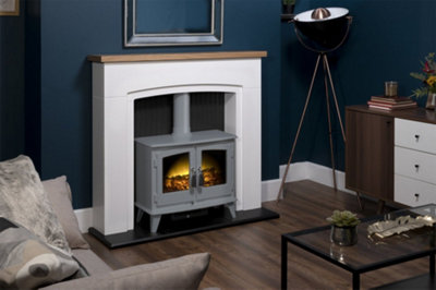 Adam Siena Stove Fireplace in Pure White with Woodhouse Electric Stove in  Grey, 48 Inch | DIY at Bu0026Q