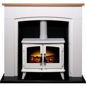 Adam Siena Stove Fireplace in Pure White with Woodhouse Electric Stove in White, 48 Inch