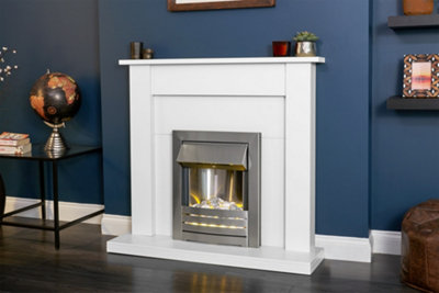 Adam Sutton Fireplace in Pure White with Helios Electric Fire In Brushed Steel, 43 Inch