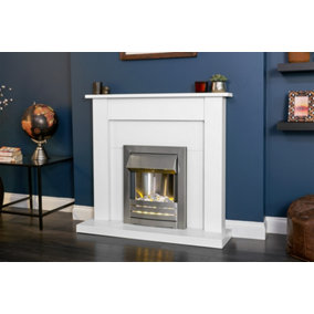 Adam Sutton Fireplace in Pure White with Helios Electric Fire In Brushed Steel, 43 Inch