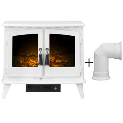 Adam Woodhouse Electric Stove in Pure White with Angled Stove Pipe in Pure White
