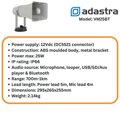 adastra 25W Vehicle Megaphone with USB/SD Player Looper & Bluetooth