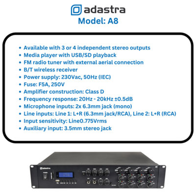 adastra A8 Multi Zone Stereo Amplifier 8x 200W & Inbuilt Media Player
