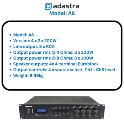 adastra A8 Multi Zone Stereo Amplifier 8x 200W & Inbuilt Media Player