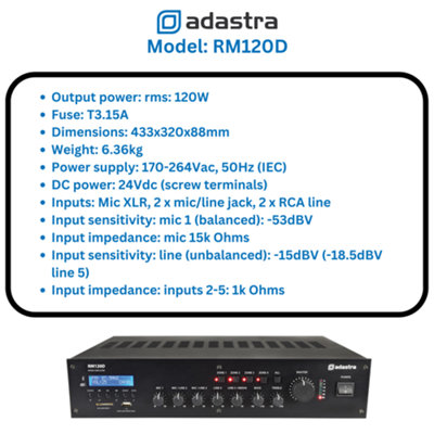 adastra RM120D 100V Mixer-Amplifier with DAB+, Bluetooth & USB/SD