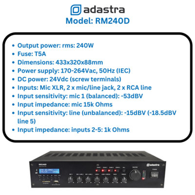 adastra RM240D 240W 100V Mixer-Amplifier with DAB+, Bluetooth, USB/SD