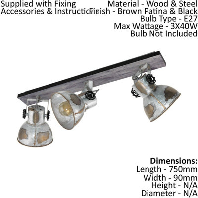 Adjustable 3 Bulb Ceiling Spotlight Wood & Raw Industrial Steel Shade 40W E27
