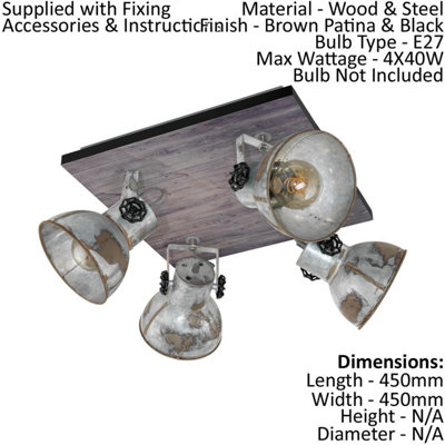 Adjustable 4 Bulb Ceiling Spotlight Wood & Raw Industrial Steel Shade 40W E27