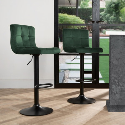 Adjustable Bar Stools x 2 Velvet Swivel Seat Kitchen Chair, Forest Green