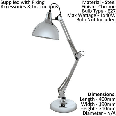 Adjustable Chrome Table Desk Lamp with E27 Bulb Socket and In-Line Switch