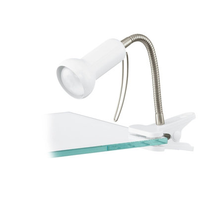 Adjustable Clip-On Clamp Light in White and Silver with Inline Switch for E14 Bulb