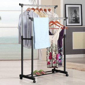 Adjustable Clothes Drying Rack-Double Rail Rod with Shoe Rack