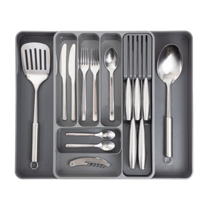 Adjustable Cutlery Drawer Organizer Expandable Utensil Tray Shaded Grey ...