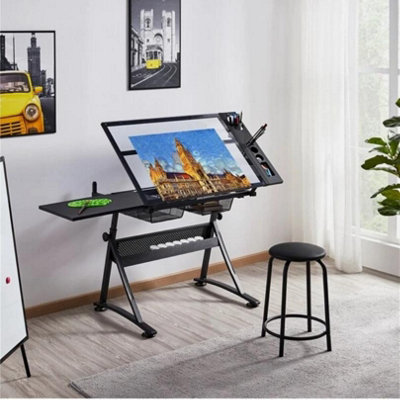 Adjustable Glass Drafting Table with 2 Drawer Art Craft Drawing Board ...