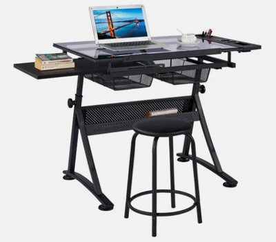 Adjustable Glass Drafting Table with 2 Drawer Art Craft Drawing Board ...