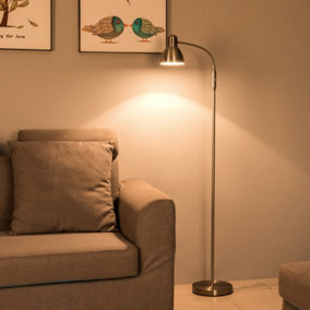 Adjustable Gooseneck Floor Lamp, Bowl Shade, On/Off Switch, ECP Plug, Reading Light, Satin Nickel Finish, E14 Bulb Cap