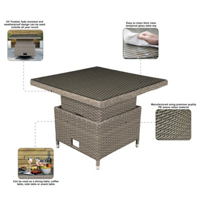 Adjustable Height Garden Coffee Dining Table Rattan Wicker Glass Outdoor