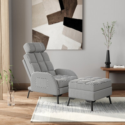 Adjustable Houndstooth Recliner Chair with Footstool