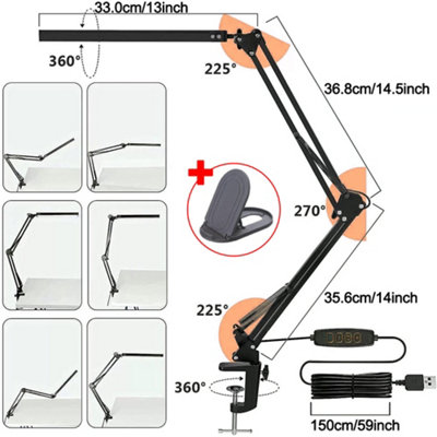 Adjustable LED Desk Lamp with Clamp, Dimmable Swing Arm, 3 Colour Modes, USB Powered - Ideal for Home, Office & Studio