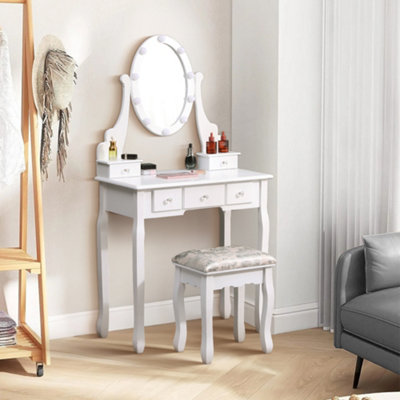 Adjustable Mirror Dressing Table Makeup Vanity Desk with 10 LED Lights,5 Drawers and Upholstered Stool