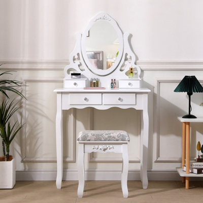 Adjustable Mirror Dressing Table Makeup Vanity Desk with 4 Drawers and Upholstered Stool