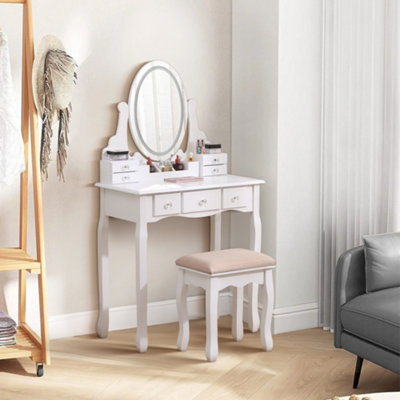 Adjustable Mirror Makeup Vanity Desk Set with 7 Drawers LED Light and Upholstered Stool