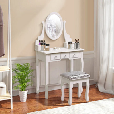 Adjustable Mirror Makeup Vanity Desk with 5 Drawers and Upholstered Stool