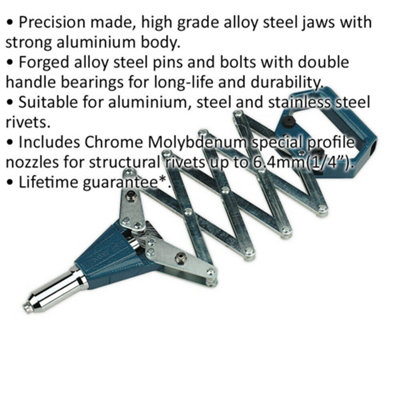Adjustable Professional Lazy Tong Riveter with Nozzles for Various Rivets