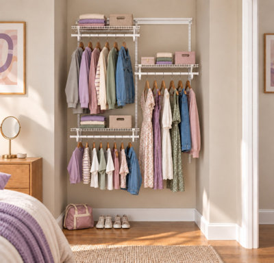 Adjustable ShelfTrack Wardrobe Kit White Wire Shelving and Clothes Rail ...