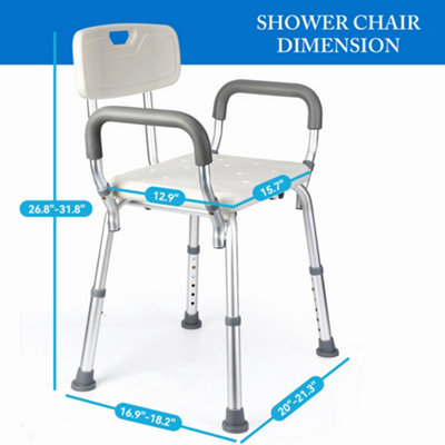 Adjustable Shower Chair with Back & Padded Armrests Slip-Resistant Bath Bench