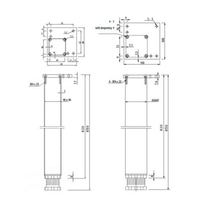 Adjustable Square Alu Breakfast Bar Worktop Support Table Leg 820mm - Size 60mm - Pack of 4 - 3