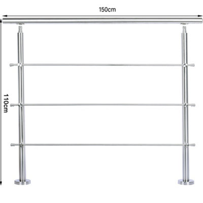 Adjustable Stainless Steel Handrail Safety for Steps and Slopes 3 Crossbar Handrail with Installation Kit 150cm W