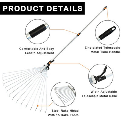 Adjustable Telescopic Metal Garden Rake Tools Leaf Telescopic Handle ...