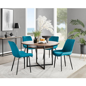 Adley Brown Wood Effect And Black Round Dining Table with Storage Shelf and 4 Blue Velvet Black Leg Pesaro Dining Chairs