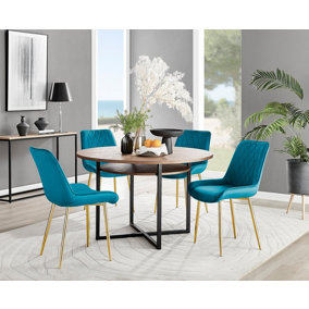 Adley Brown Wood Effect And Black Round Dining Table with Storage Shelf and 4 Blue Velvet Gold Leg Pesaro Dining Chairs