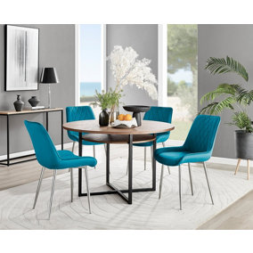 Adley Brown Wood Effect And Black Round Dining Table with Storage Shelf and 4 Blue Velvet Silver Leg Pesaro Dining Chairs