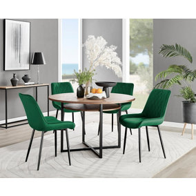 Adley Brown Wood Effect And Black Round Dining Table with Storage Shelf and 4 Green Velvet Black Leg Pesaro Dining Chairs