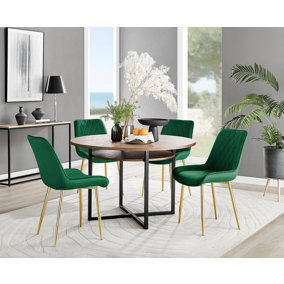 Adley Brown Wood Effect And Black Round Dining Table with Storage Shelf and 4 Green Velvet Gold Leg Pesaro Dining Chairs