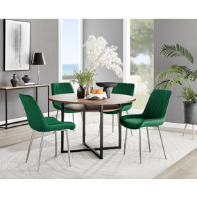 Adley Brown Wood Effect And Black Round Dining Table with Storage Shelf and 4 Green Velvet Silver Leg Pesaro Dining Chairs